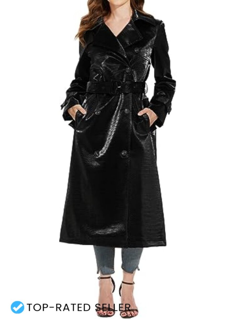 Faux Leather Trench Coat Slim Fit Long Sleeve Button Wing Collar Long Length
